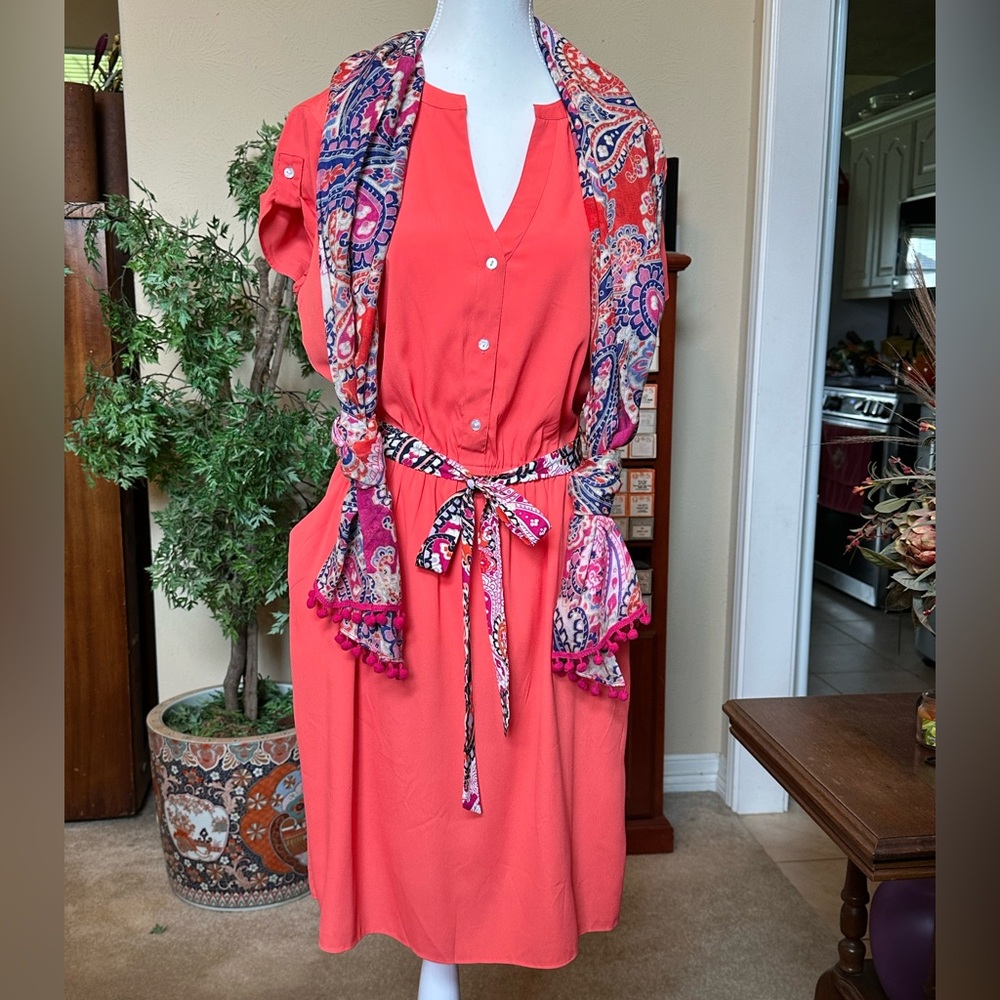 Tommy Hilfiger Coral Button-Front Dress with Printed Scarf Detail